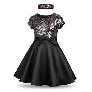 Three Pink Hearts Girls Sequin Party Dress + Matching Headband – Size M